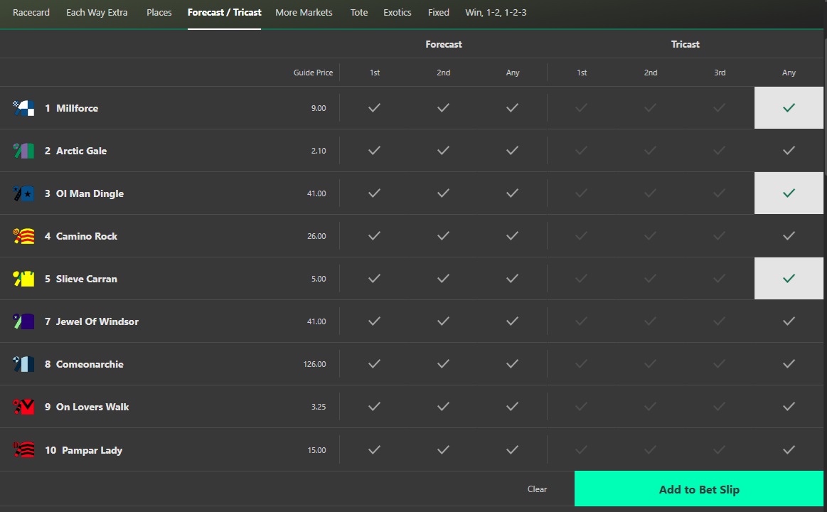 Bet365 tricast betting screen with 3 horses selected in the any order column